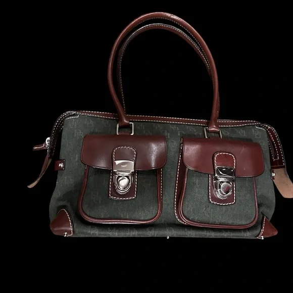 Rooney & Bourke Vintage Shoulder Bag Green Canvas with Brown Leather Trim/Accent - Picture 12 of 17